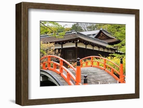 Orange Arched Bridge of Japanese Temple Garden in Shimogamo-Jinja, Kyoto, Japan-elwynn-Framed Photographic Print