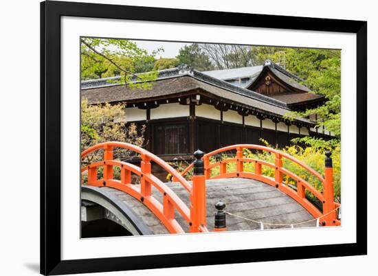 Orange Arched Bridge of Japanese Temple Garden in Shimogamo-Jinja, Kyoto, Japan-elwynn-Framed Photographic Print