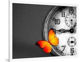 Orange Butterfly Resting over an Old Vintage Clock-Photosani-Framed Art Print