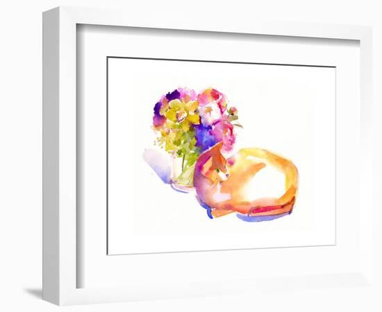 Orange Cat with Flowers, 2014-John Keeling-Framed Giclee Print