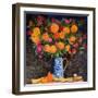 Orange Chrysanthemums on a Tapestry Cloth, 2022 (Acrylic)-Ann Oram-Framed Giclee Print