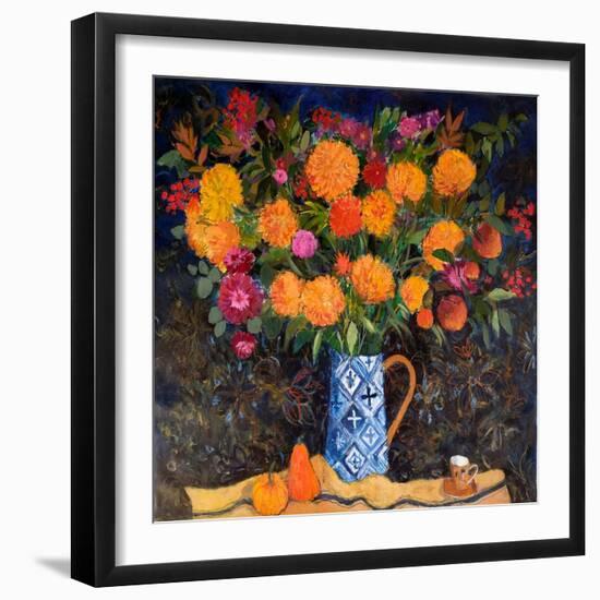 Orange Chrysanthemums on a Tapestry Cloth, 2022 (Acrylic)-Ann Oram-Framed Giclee Print