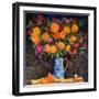 Orange Chrysanthemums on a Tapestry Cloth, 2022 (Acrylic)-Ann Oram-Framed Giclee Print