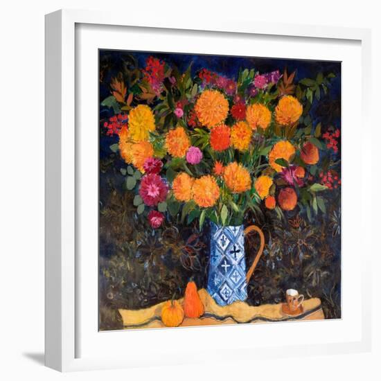 Orange Chrysanthemums on a Tapestry Cloth, 2022 (Acrylic)-Ann Oram-Framed Giclee Print