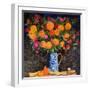 Orange Chrysanthemums on a Tapestry Cloth, 2022 (Acrylic)-Ann Oram-Framed Giclee Print