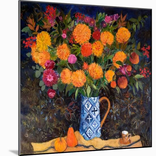 Orange Chrysanthemums on a Tapestry Cloth, 2022 (Acrylic)-Ann Oram-Mounted Giclee Print