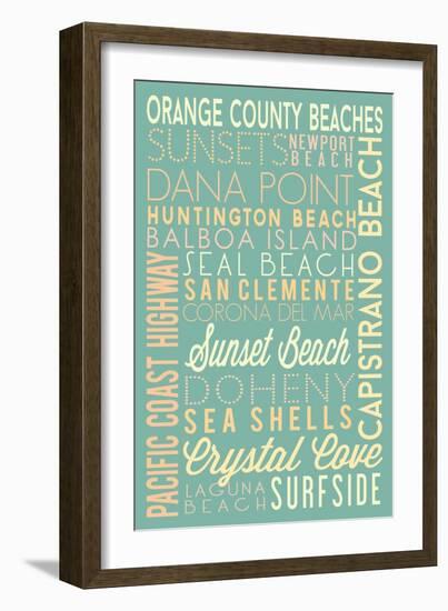 Orange County Beaches, California - Typography-Lantern Press-Framed Art Print