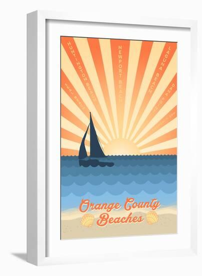 Orange County, California - Beach Scene with Rays and Sailboat-Lantern Press-Framed Art Print