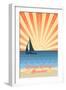 Orange County, California - Beach Scene with Rays and Sailboat-Lantern Press-Framed Art Print