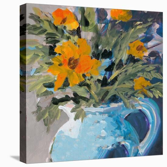 Orange Daisies In Blue Vase-Jane Slivka-Stretched Canvas