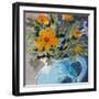 Orange Daisies In Blue Vase-Jane Slivka-Framed Art Print