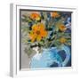 Orange Daisies In Blue Vase-Jane Slivka-Framed Art Print