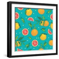 Orange or Grapefruit with Leaves Seamless Vector Pattern. Bright Colorful Background with Citrus Fr-Shum-stock-Framed Art Print