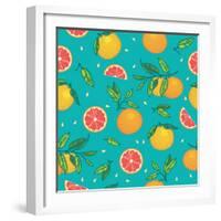 Orange or Grapefruit with Leaves Seamless Vector Pattern. Bright Colorful Background with Citrus Fr-Shum-stock-Framed Art Print