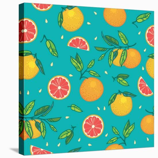 Orange or Grapefruit with Leaves Seamless Vector Pattern. Bright Colorful Background with Citrus Fr-Shum-stock-Stretched Canvas