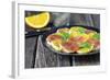 Orange Salad and Blood Orange Salad on Dark Plate-Jana Ihle-Framed Photographic Print