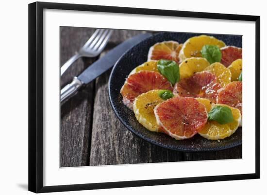 Orange Salad and Blood Orange Salad on Dark Plate-Jana Ihle-Framed Photographic Print