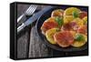 Orange Salad and Blood Orange Salad on Dark Plate-Jana Ihle-Framed Stretched Canvas