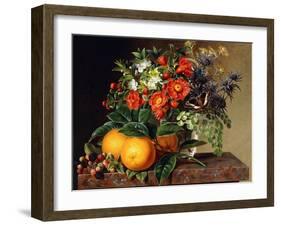 Oranges, Blackberries and a Vase of Flowers on a Ledge, 1834-Johan Laurents Jensen-Framed Giclee Print