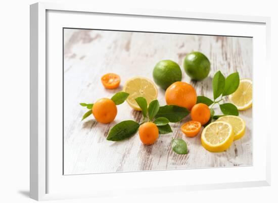 Oranges, Limes, Lemons and Clementines on White Wooden Table-Jana Ihle-Framed Photographic Print