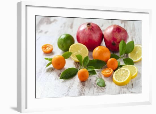 Oranges, Limes, Lemons, Clementines and Pomegranates on White Wooden Table-Jana Ihle-Framed Photographic Print