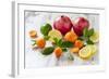 Oranges, Limes, Lemons, Clementines and Pomegranates on White Wooden Table-Jana Ihle-Framed Photographic Print