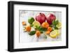 Oranges, Limes, Lemons, Clementines and Pomegranates on White Wooden Table-Jana Ihle-Framed Photographic Print