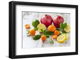 Oranges, Limes, Lemons, Clementines and Pomegranates on White Wooden Table-Jana Ihle-Framed Photographic Print