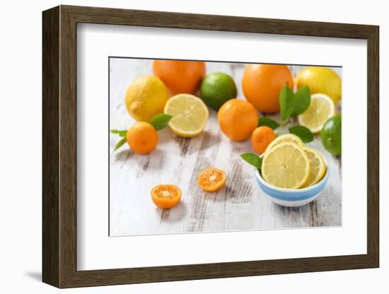 Oranges, Limes, Lemons, Clementines on White Wooden Table-Jana Ihle-Framed Photographic Print