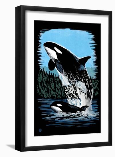 Orca and Calf - Scratchboard-Lantern Press-Framed Art Print