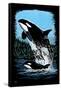 Orca and Calf - Scratchboard-Lantern Press-Framed Stretched Canvas