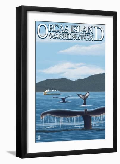 Orcas Island, WA - Whales and Ferry-Lantern Press-Framed Art Print