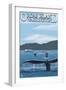 Orcas Island, WA - Whales and Ferry-Lantern Press-Framed Art Print