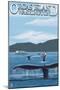 Orcas Island, WA - Whales and Ferry-Lantern Press-Mounted Art Print