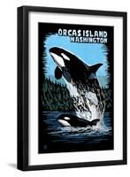 Orcas Island, Washington - Orca and Calf Scratchboard-Lantern Press-Framed Art Print