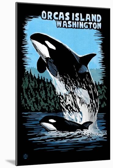 Orcas Island, Washington - Orca and Calf Scratchboard-Lantern Press-Mounted Art Print