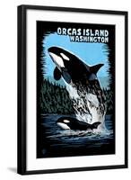 Orcas Island, Washington - Orca and Calf Scratchboard-Lantern Press-Framed Art Print