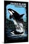 Orcas Island, Washington - Orca and Calf Scratchboard-Lantern Press-Mounted Art Print