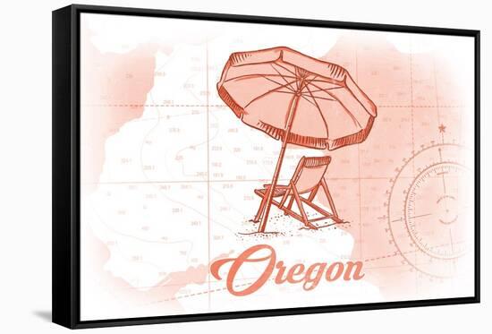 Oregon - Beach Chair and Umbrella - Coral - Coastal Icon-Lantern Press-Framed Stretched Canvas