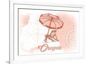 Oregon - Beach Chair and Umbrella - Coral - Coastal Icon-Lantern Press-Framed Premium Giclee Print