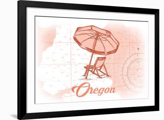 Oregon - Beach Chair and Umbrella - Coral - Coastal Icon-Lantern Press-Framed Premium Giclee Print