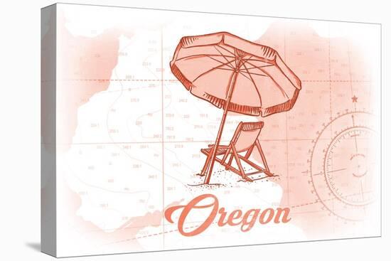 Oregon - Beach Chair and Umbrella - Coral - Coastal Icon-Lantern Press-Stretched Canvas