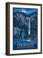 Oregon Bigfoot Country and Multnomah Falls-Lantern Press-Framed Art Print