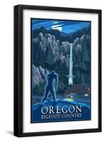 Oregon Bigfoot Country and Multnomah Falls-Lantern Press-Framed Art Print