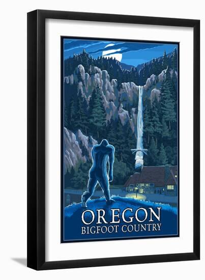 Oregon Bigfoot Country and Multnomah Falls-Lantern Press-Framed Art Print