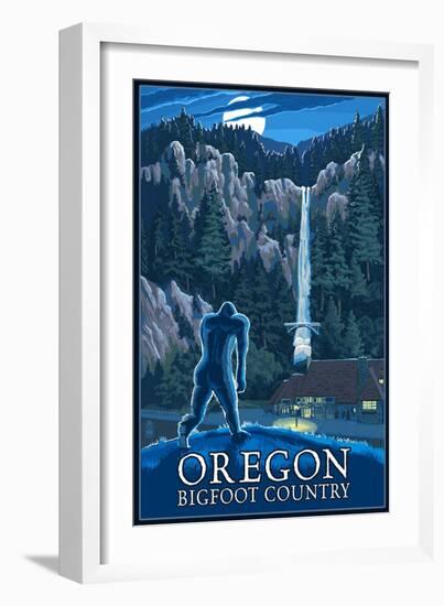 Oregon Bigfoot Country and Multnomah Falls-Lantern Press-Framed Art Print