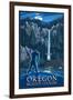 Oregon Bigfoot Country and Multnomah Falls-Lantern Press-Framed Art Print