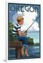 Oregon - Boy Fishing-Lantern Press-Framed Art Print