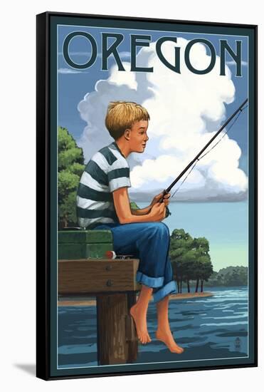 Oregon - Boy Fishing-Lantern Press-Framed Stretched Canvas