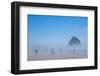 Oregon, Cannon Beach. Haystack Rock, beachgoers in fog-Jamie and Judy Wild-Framed Photographic Print